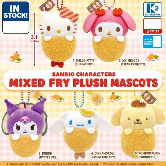 Bring your favorite Sanrio characters along for a delicious adventure with the Sanrio Fried Favorites Plush Keychain Collection! This adorable assortment features Hello Kitty, My Melody, Kuromi, Cinnamoroll, and Pompompurin transformed into playful fried food-inspired mascots. Each soft plush charm is attached to a colorful ball chain, making it perfect for decorating bags, backpacks, purses, keys, and more.

Inspired by popular Japanese comfort foods, every character features unique themed details that ble