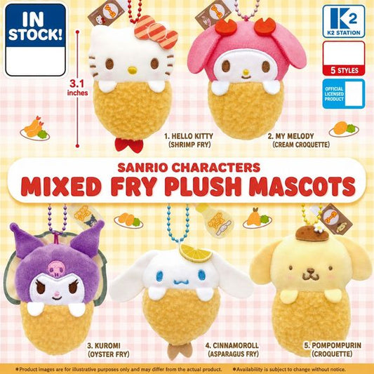 Bring your favorite Sanrio characters along for a delicious adventure with the Sanrio Fried Favorites Plush Keychain Collection! This adorable assortment features Hello Kitty, My Melody, Kuromi, Cinnamoroll, and Pompompurin transformed into playful fried food-inspired mascots. Each soft plush charm is attached to a colorful ball chain, making it perfect for decorating bags, backpacks, purses, keys, and more.

Inspired by popular Japanese comfort foods, every character features unique themed details that ble