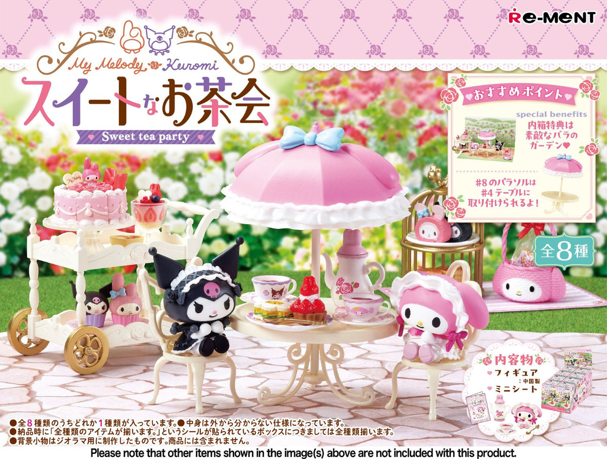 My Melody, who's good at making sweets, is treating Kuromi to a tea party! This new lineup from Re-Ment features lots of cute miniature food items with character motifs. The large parasol can be attached to the table for outdoor dining, too! There are eight different items to collect and trade, and you'll get one of each

[Lineup]:

Tea party
Special cake
Cake stand
Cute scones
Invitation
Sweet waffles
Tea cart
Sun protection