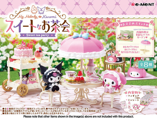 My Melody, who's good at making sweets, is treating Kuromi to a tea party! This new lineup from Re-Ment features lots of cute miniature food items with character motifs. The large parasol can be attached to the table for outdoor dining, too! There are eight different items to collect and trade, and you'll get one of each

[Lineup]:

Tea party
Special cake
Cake stand
Cute scones
Invitation
Sweet waffles
Tea cart
Sun protection