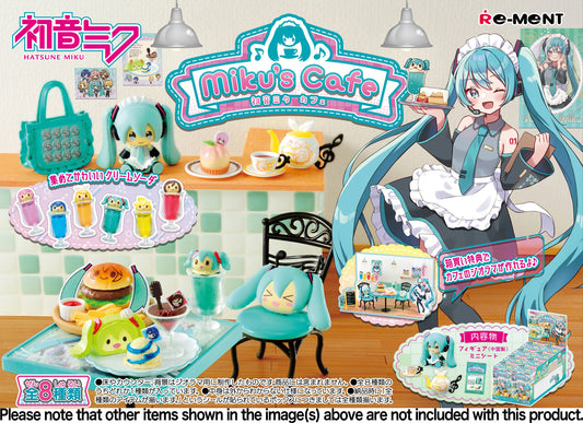 Miku Hatsune has opened her own cafe, and she's ready to serve you some delicious treats! The menu items and dishes all feature adorable images of Miku's "PiaPro" friends. There are eight different items to collecting trade, and you'll get one of each. Order yours today!

[Lineup]:

Menu board
Table
Curry
Tea set
Pancake
Hamburger
Sweets set
Souvenir