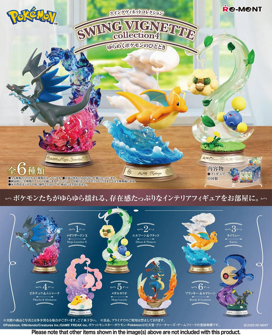 <p><strong>Each box contains 1 random Pokémon vignette figure. Specific designs cannot be selected.</strong></p>

<p>Add a playful sense of motion to your collection with the <strong>Re-Ment Pokémon Swing Vignette Collection 4</strong>!</p>

<p>This charming blind box series features fan-favorite Pokémon arranged in dynamic swing-inspired miniature scenes. Each design combines detailed sculpting, colorful scenery, and suspended or in-motion poses that give the display a lively, whimsical feel.</p>

<p>The c