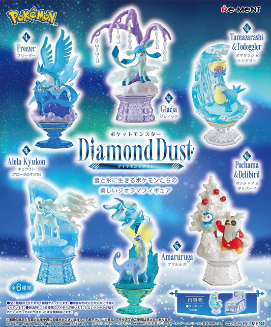 <p><strong>Each box contains 1 random Pokémon diorama figure. Specific designs cannot be selected.</strong></p>

<p>Bring the beauty of snow and ice to your collection with the <strong>Re-Ment Pokémon DiamondDust</strong> blind box series!</p>

<p>This elegant collection features Pokémon associated with cold climates, snow, and ice displayed in detailed crystal-inspired diorama scenes. Translucent effect parts, icy bases, and winter-themed scenery give each design a sparkling, jewel-like appearance.</p>

<p