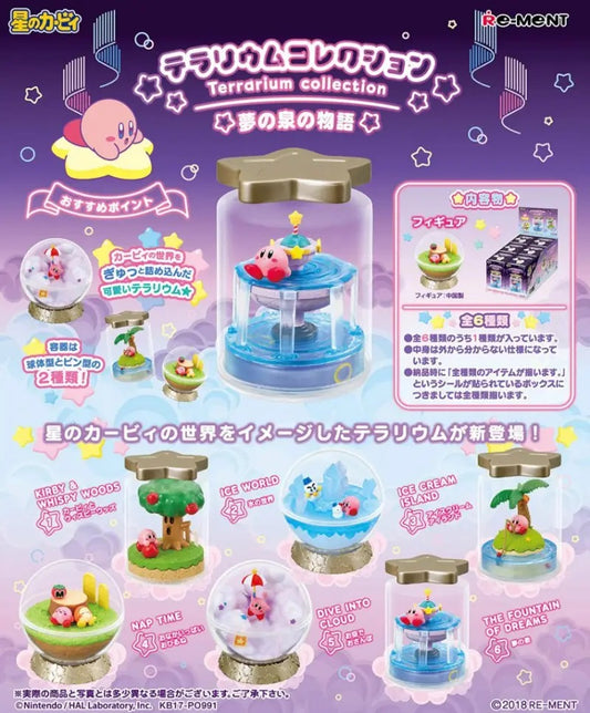 <p><strong>Each box contains 1 random Kirby terrarium figure. Specific designs cannot be selected.</strong></p>

<p>Step into the colorful world of Dream Land with the <strong>Re-Ment Kirby Terrarium Collection: Story of the Fountain of Dreams</strong> blind box series!</p>

<p>This charming collection features Kirby in a variety of whimsical miniature scenes inspired by the <strong>Fountain of Dreams</strong> and classic Kirby adventures. Each design is enclosed in a decorative terrarium-style display, wit