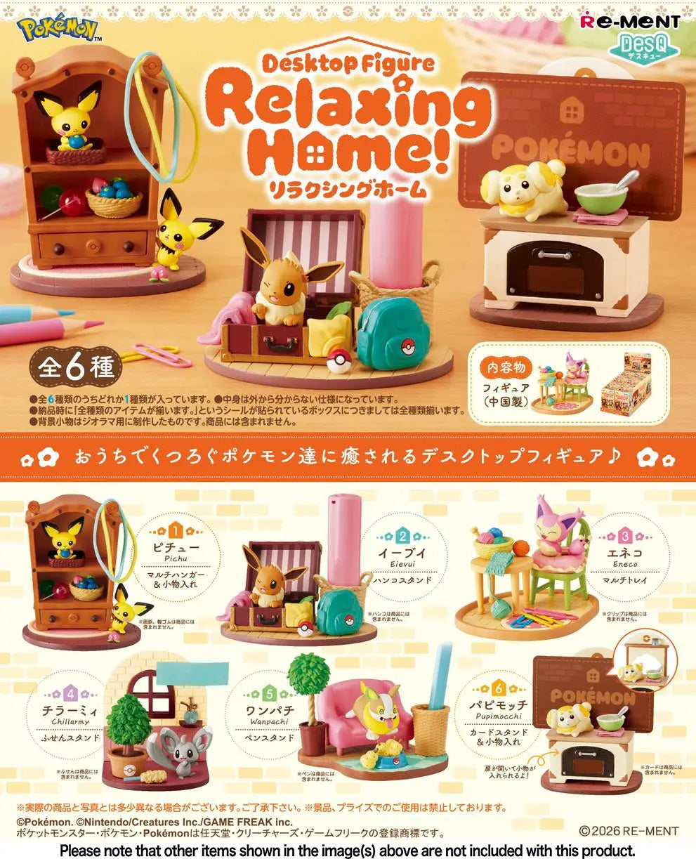 <p><strong>Each box contains 1 random Pokémon desktop figure. Specific designs cannot be selected.</strong></p>

<p>Bring a little Pokémon comfort to your desk or shelf with the <strong>Re-Ment Pokémon Desktop Figure Relaxing Home!</strong> blind box series!</p>

<p>This adorable collection features Pokémon enjoying cozy moments around the house, with each miniature scene designed to double as a practical desktop accessory. From small storage areas and pen stands to card holders, each design combines a char