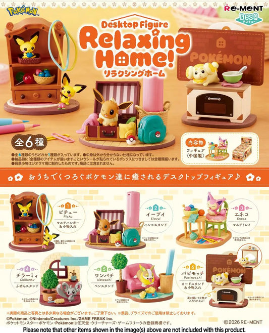 <p><strong>Each box contains 1 random Pokémon desktop figure. Specific designs cannot be selected.</strong></p>

<p>Bring a little Pokémon comfort to your desk or shelf with the <strong>Re-Ment Pokémon Desktop Figure Relaxing Home!</strong> blind box series!</p>

<p>This adorable collection features Pokémon enjoying cozy moments around the house, with each miniature scene designed to double as a practical desktop accessory. From small storage areas and pen stands to card holders, each design combines a char