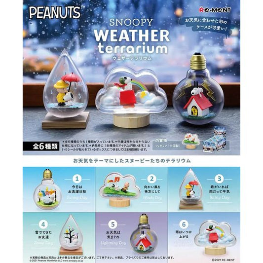 Bring a little forecast of fun to your shelves with the Snoopy Weather Terrarium Blind Box by Re-Ment. Each blind box reveals a beautifully detailed PEANUTS miniature scene inspired by a different kind of weather—from sunny skies and rainy days to snow, wind, and even lightning—capturing Snoopy and friends in playful moments fans will instantly recognize.

The unique weather-themed terrarium cases add extra display charm, with creative shapes like raindrops, clouds, and light bulbs that make each piece feel