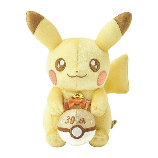 30th Anniversary Plush Pikachu - the Pokeball he is carrying has "30th" embroidered on it.  Pikachu Wears A Birthday Ribbon, Eyes Sparkling With Excitement Over 'Memories So Far' And 'The Future To Come'. Special Edition for 30th anniversary. Size is approx; 22.0 by 17.5 by 16.0cm.