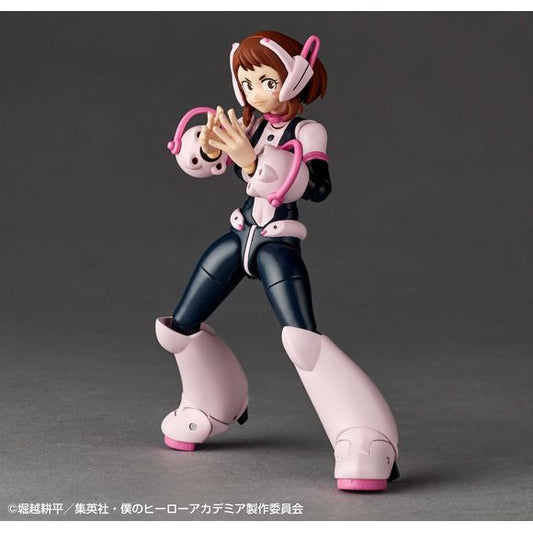 Ochaco Uraraka is the first female character from "My Hero Academia" to join the "Revoltech" action-figure lineup from Kaiyodo! She wears the latest improved version of her hero suit, with her petite proportions accentuated by her large gauntlets and boots. Revoltech's unique joints allow for lots of heroic poses, so she can utilize her "Zero Gravity" Quirk with ease! The included base allows her to be displayed levitating, and additional rubble and wire parts are included to show her using her "Zero Satell