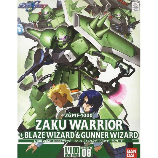 A 1/100 scale plastic model that reproduces the variation of Zaku Warrior that appears in "Mobile Suit Gundam SEED DESTINY".

Blaze Zaku Warrior (Athrun's machine) and Gunner Zaku Warrior (Dearka's machine) can be reproduced by disguising the wizard as a backpack. Blaze Wizard can open and close the missile pod hatch, and the thruster cover can move back and forth. The Gunner Wizard can transform into two modes: storage mode and bombardment mode. The cord extending from Gunner Wizard's large beam cannon is