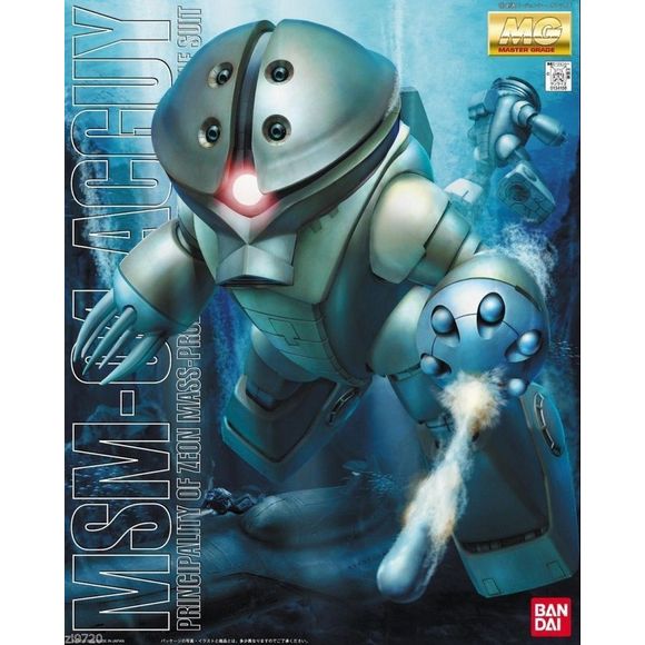 An aquatic mobile suit used by Zeon from Mobile Suit Gundam rendered in intricate detail from its movable mooneye, spring loaded pop out claws, extending arms and ability to be put in various poses from the anime. Also includes effects simulate movement through water and torpedo launch and a minifigure set of the 3 kids from White Base that can be placed on its head. Display stand included.