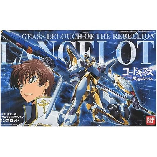 An action figure model kit of the Lancelot Knightmare Frame as portrayed from the first season of "Code Geass." ABS and polycap joints allow fluid and expressive movement. Land spinners move and the wheels spin. Includes a wide variety of accessories, such as a maser vibration sword, slash hariken which can be fired with guided wires. Cockpit recreated in details. Suzaku Figure included.