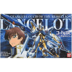 An action figure model kit of the Lancelot Knightmare Frame as portrayed from the first season of "Code Geass." ABS and polycap joints allow fluid and expressive movement. Land spinners move and the wheels spin. Includes a wide variety of accessories, such as a maser vibration sword, slash hariken which can be fired with guided wires. Cockpit recreated in details. Suzaku Figure included.