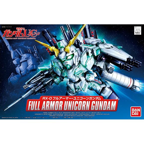 Cute chibi form of the Full Amor Unicorn Gundam with its full payload of weapons. Features 3 twin Gatling guns, beam magnum, 3 shields, 1 beam saber with blade, 2 mounted beam saber handles, 2 Hyper Bazookas with grenade launchers, 4 hand grenades, 2 anti-ship missile launchers, large boosters.