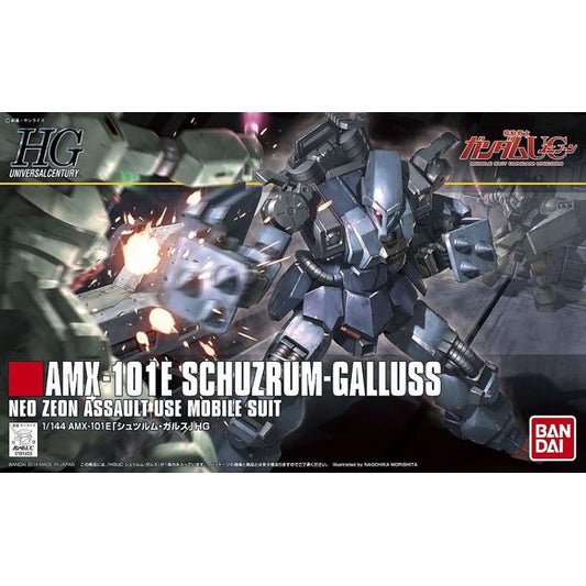 From Bandai, here's a High-Grade model kit of the AMX-101E Schuzrum-Galluss from "Gundam Unicorn". The Schuzrum Galluss comes armed with a spike shield and a chain mine. Includes stickers for markings. Assembly Required.