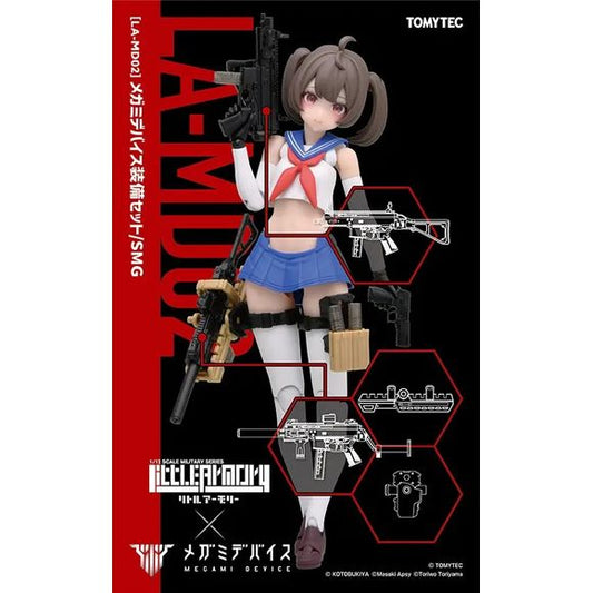 Tomytec's "Little Armory" realistic firearm model series collaborates with Kotobukiya's "Megami Device" action-figure model-kit lineup for an item that bridges the two! This is a realistic equipment parts set that includes a submachine gun, handgun, holster, magazine pouch, rifle holder, and attachments. The holster and rifle holder are designed to be compatible with the included guns, as well as other "Little Armory" items sold separately. Maximize the combat power of your "Megami Device" figures by introd