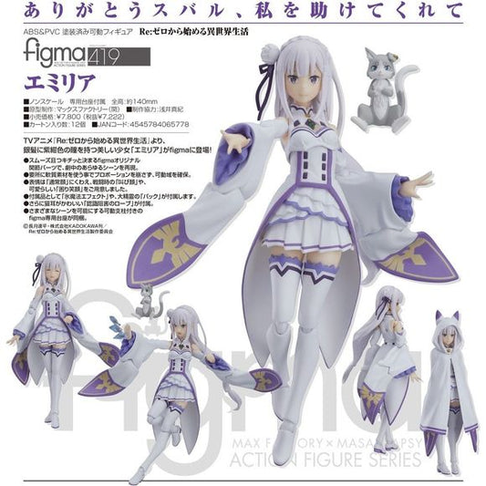 "Thank you, Subaru. For saving me."

From the anime "Re:ZERO -Starting Life in Another World-" comes a figma of the silver-haired and purple-eyed girl - Emilia!

· Using the smooth yet posable joints of figma, you can act out a variety of different scenes.
· A flexible plastic is used for important areas, allowing proportions to be kept without compromising posability.
· She comes with three expressions including a standard expression, a shouting expression as well as a troubled smile.
· Optional par