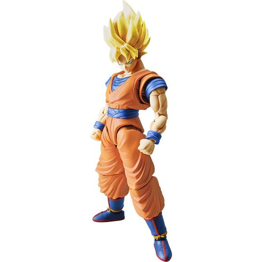 A new breed of action figure model kit that blends high articulation and detailed sculpts together in one package! Super Saiyan Goku is constructed using layered colored plastic techniques that blend the seam lines together with the folds of his outfit and contours of his muscles leading to a natural appearing joint system.  Simple construction patterns ensure it will be an easy to build figure even for those who have never built a model kit before!  Includes different hand parts for various martial arts po