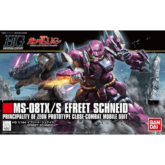 A mobile suit used by Zeon Remnants in episode 4 of "Gundam Unicorn", the Efreet Schneid appears as a HG model kit!  The 14 Heat Darts equipped in various parts of the mobile suit are removable and can be used and posed in different ways to recreate scenes from the anime! The Efreet Schneid's Mono Eye is movable and the use of soft materials in the waist allows for a great range of motion! Set includes Heat Darts x14, 2 hand-held heat darts, and Giant Bazooka. Runner x9. Sticker sheet x1. Instruction manual