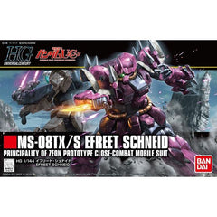 A mobile suit used by Zeon Remnants in episode 4 of "Gundam Unicorn", the Efreet Schneid appears as a HG model kit!  The 14 Heat Darts equipped in various parts of the mobile suit are removable and can be used and posed in different ways to recreate scenes from the anime! The Efreet Schneid's Mono Eye is movable and the use of soft materials in the waist allows for a great range of motion! Set includes Heat Darts x14, 2 hand-held heat darts, and Giant Bazooka. Runner x9. Sticker sheet x1. Instruction manual