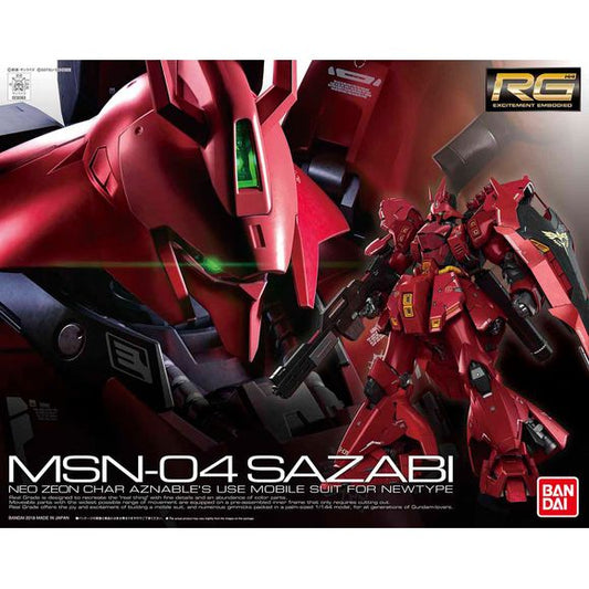 Sazabi, one of the most iconic custom made mobile suits of the Red Comet, Char Aznable, comes alive in the 1/144 Real Grade format!  From the feature film "Mobile Suit Gundam Char's Counterattack" this large red mobile suit features complex detail as well as gimmicks that allow it to perform a wide variety of dynamic poses.  Special attention has been made to ensure both surface detail and also functional detail not seen before in previous interpretations of the Sazabi including pop out and deployment mecha