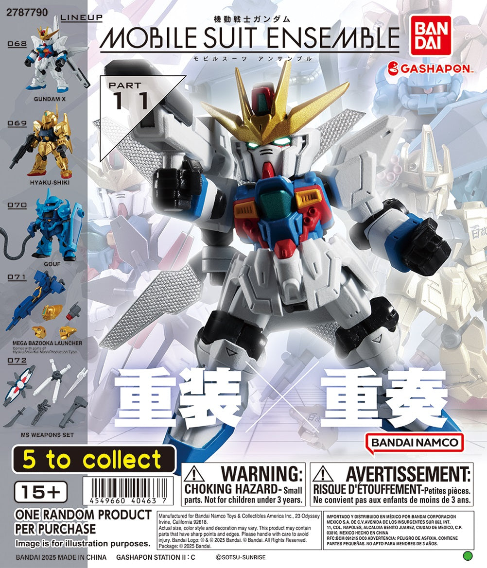 Expand your collection with Mobile Suit Gundam Mobile Suit Ensemble Part 11 from Bandai! This popular Gashapon series features compact, highly detailed Mobile Suits with articulated joints and interchangeable weapons and accessories, allowing you to pose, equip, and customize your collection.

Part 11 is headlined by the Gundam X from After War Gundam X, complete with its distinctive Satellite Cannon equipment. The lineup also brings together the gold Hyaku-Shiki from Mobile Suit Zeta Gundam and the amphibi