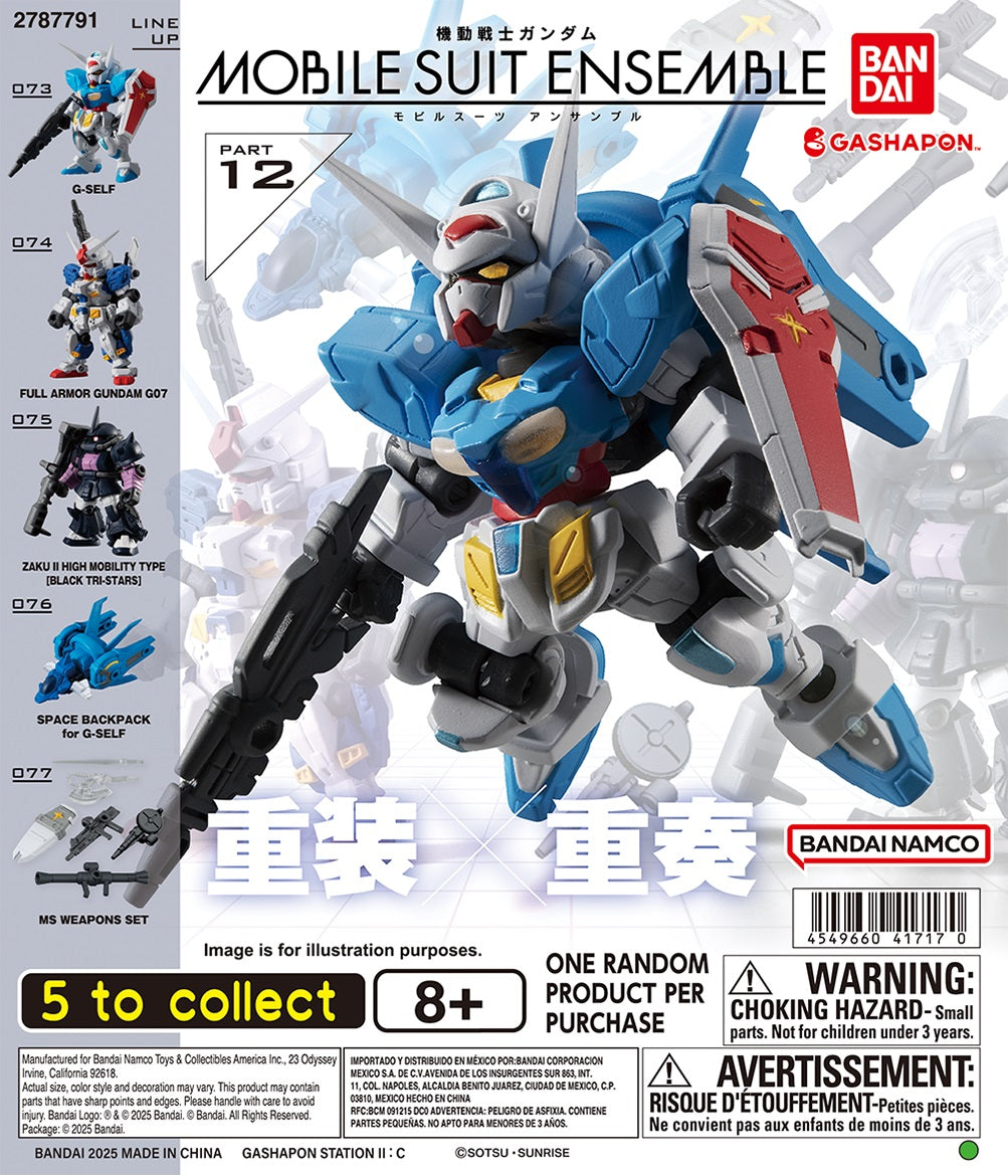 Expand your collection with Mobile Suit Gundam Mobile Suit Ensemble Part 12 from Bandai! The Mobile Suit Ensemble series features compact, articulated Mobile Suits with interchangeable weapons and equipment, giving collectors plenty of options for posing, customizing, and combining parts.

Part 12 is headlined by the G-Self from Gundam Reconguista in G, with a separate Space Backpack for G-Self that lets you upgrade its equipment. The assortment also includes the heavily armed Full Armor Gundam Ground Type-