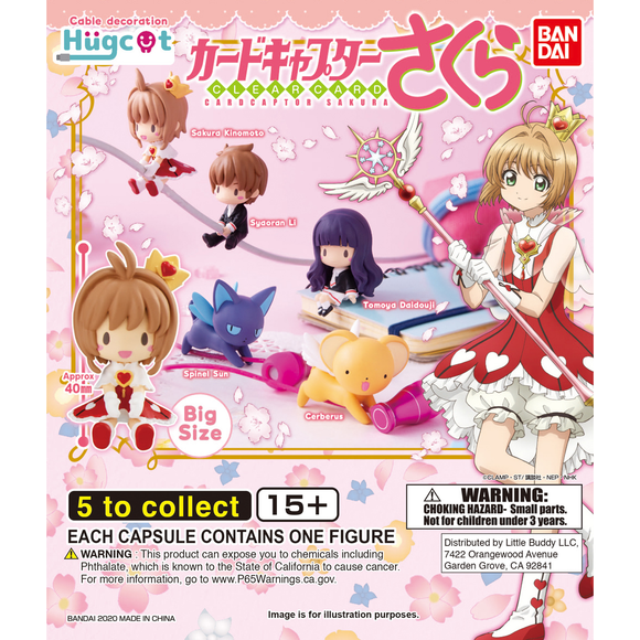 <p>Hugcot Cardcaptor Sakura is the first wave of Bandai's Gashapon cable accessory figures.</p>

<p>Each Hugcot figure hugs onto your charging cable. This lineup features Sakura, Tomoyo, Syaoran, Kero-chan and Spinel Sun, and at about 4 cm they also display nicely as figures.</p>

<p>Each purchase is for 1 random capsule from the assortment of 5 designs. Designs cannot be selected. Approx. 4 cm.</p>
