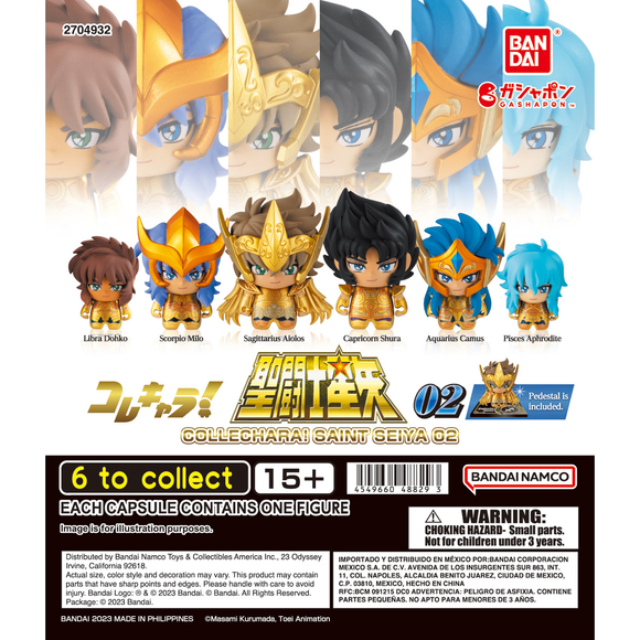 <p>Colle Chara! Saint Seiya 02 is a Bandai Gashapon capsule figure series featuring the Gold Saints.</p>

<p>This second wave covers the Gold Saints from the latter half of the Sanctuary arc: Libra Dohko, Scorpio Milo, Sagittarius Aiolos, Capricorn Shura, Aquarius Camus and Pisces Aphrodite. Collect them to recreate the battles of the Twelve Houses.</p>

<p>Each purchase is for 1 random capsule from the assortment of 6 designs. Designs cannot be selected.</p>