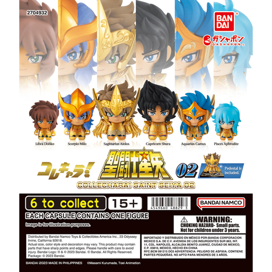 <p>Colle Chara! Saint Seiya 02 is a Bandai Gashapon capsule figure series featuring the Gold Saints.</p>

<p>This second wave covers the Gold Saints from the latter half of the Sanctuary arc: Libra Dohko, Scorpio Milo, Sagittarius Aiolos, Capricorn Shura, Aquarius Camus and Pisces Aphrodite. Collect them to recreate the battles of the Twelve Houses.</p>

<p>Each purchase is for 1 random capsule from the assortment of 6 designs. Designs cannot be selected.</p>
