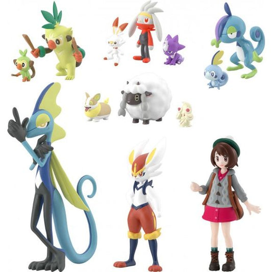 Bandai's fourth volume of Pokemon scale-world brings us to the Galar region from the Sword and Shield games.  Based on the concept of 1/20th scale, all figures are designed to be in scale with each other.  Each pack includes 1-3 pokemon, or a pokemon trainer, with 7 possibilities to collect them all.  Boxes are sold at random, you will receive 1 of the 7 possible variations.

Line-up includes:
1. Grookey & Thwackey
2. Scorbunny & Raboot & Toxel
3. Sobble & Drizzile
4. Yamper & Wooloo & Alcremie
5. In