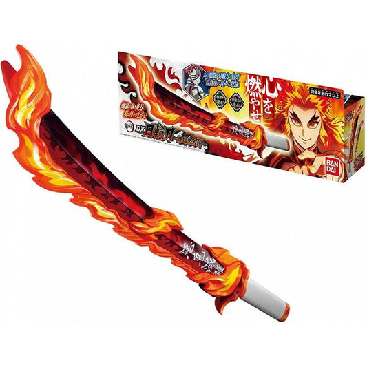It contains a total of 36 different sound effects including dialogues by Akaza and Tanjiro. The body of the sword glows with the image of being lit up by flames in accordance with the dialogues, and you can enjoy 3 modes that recreate the fierce battle with Akaza and other famous scenes. Batteries not included. 

Note: This sword is NOT 1/1 scale.