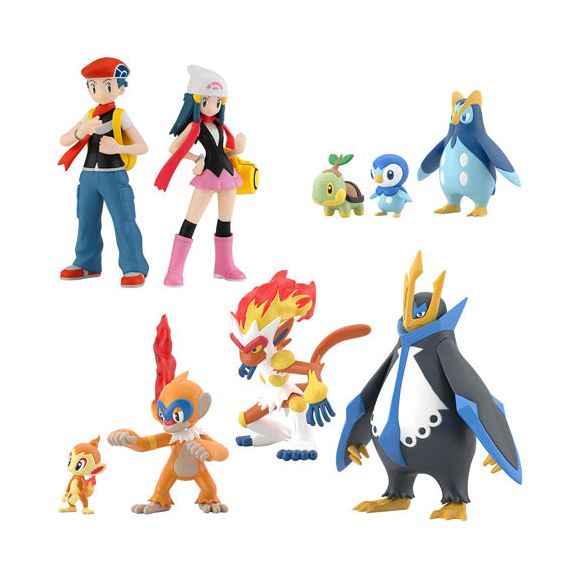 This set is the latest release in a series of 1/20 scale figures that bring together Pokemon and humans. These characters are from of the Sinnoh region where the Pokemon Diamond and Pearl series are set on. Possibilities include, 1. Lucas 2. Dawn 3. Infernape 4.Empoleon 5. Chimchar & Monferno 6. Piplup & Prinplup & Turtwig