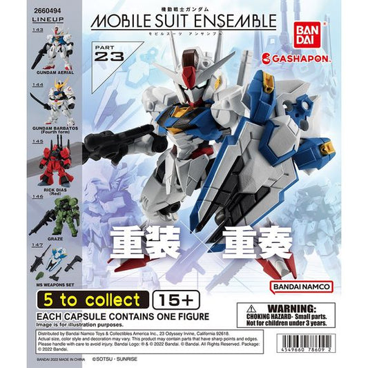 Mobile Suit Gundam – Mobile Suit Ensemble Part 23 Gashapon

Expand your Gundam collection with Bandai’s Mobile Suit Ensemble Part 23! This Gashapon series features detailed, super-deformed Mobile Suits with interchangeable parts, weapons, and articulation for creating dynamic poses and customized displays.

There are 5 different items to collect:

Gundam Aerial
Gundam Barbatos (Fourth Form)
Rick Dias (Red)
Graze
MS Weapons Set

Each gacha capsule contains 1 randomly selected item, so which Mobile Suit or we