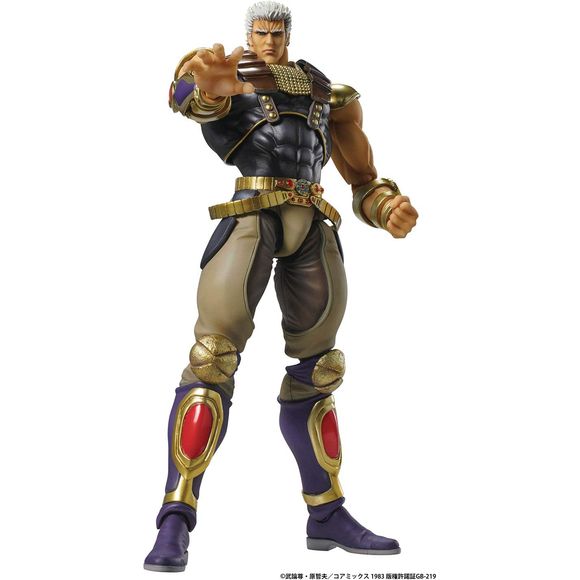 From the classic manga and anime series Fist of the North Star comes a Super Action Statue figure of the incredibly powerful Raoh! Standing a whopping 8 inches tall, this articulated figure includes an alternate facial expression, interchangeable hands, a punching effect, and a figure stand to display him on. 8.27 inches (21cm) tall.