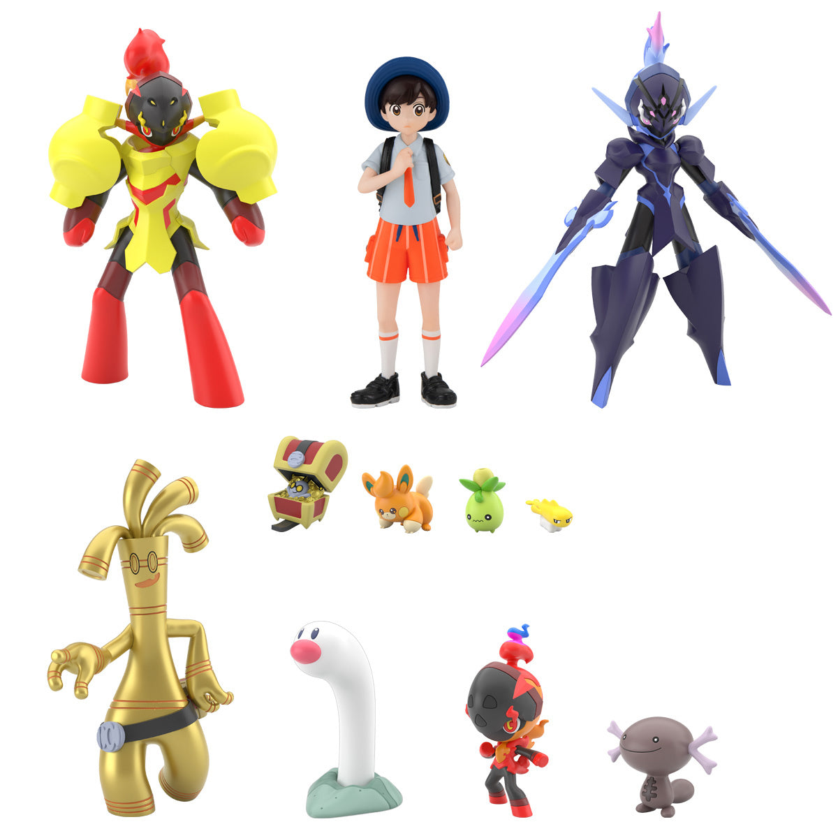 Bandai brings us the second installment of "Pokemon Scale World" figures from the Paldea region! This lineup allows you to enjoy the size differences between various Pokemon; there are 10 Pokemon and one Pokemon trainer in the set, and you'll get one of each. Each figure comes with a piece of gum, too! Order yours today!
[Figure Size]: Approximately 8cm x 5cm

[Lineup]:

Pawmo, Smolive, Wiglett
Wooper (Paldea form), Tatsugiri (stretchy form), Charcadet
Gimmighoul (chest form), Gholdengo
Armarouge
Ceruledge