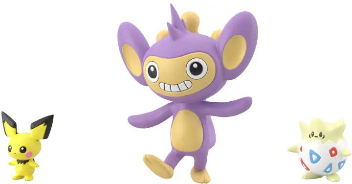 Bandai's fifth volume of Pokemon scale-world brings us to the Joto region.  Based on the concept of 1/20th scale, all figures are designed to be in scale with each other.  This pack includes Aipom, Togepi, and Pichu.