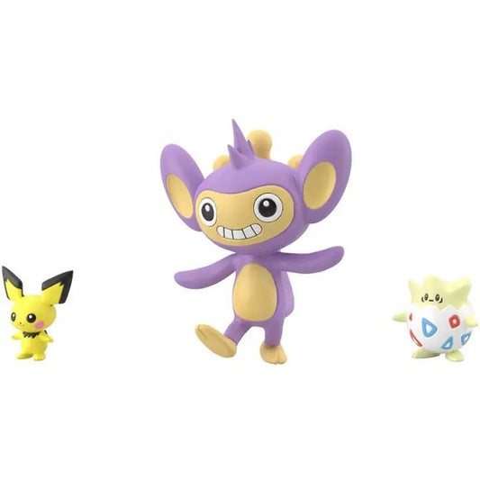 Bandai's fifth volume of Pokemon scale-world brings us to the Joto region.  Based on the concept of 1/20th scale, all figures are designed to be in scale with each other.  This pack includes Aipom, Togepi, and Pichu.