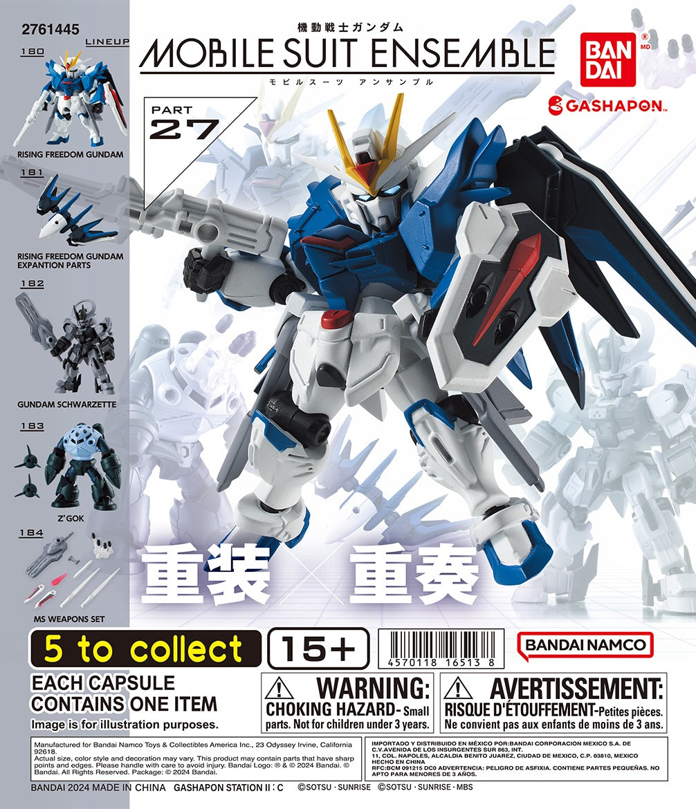 Expand your collection with Mobile Suit Gundam Mobile Suit Ensemble Part 27 from Bandai! The Mobile Suit Ensemble series brings iconic Mobile Suits to life as compact, highly detailed figures featuring articulation and interchangeable weapons and equipment.

Part 27 is headlined by the Rising Freedom Gundam from Mobile Suit Gundam SEED Freedom. The assortment also features Gundam Schwarzette from Mobile Suit Gundam: The Witch from Mercury, the classic Z'Gok, plus expansion parts and weapons that can be comb