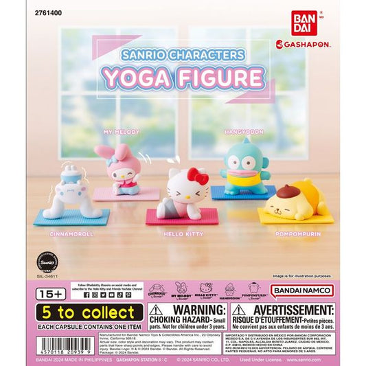 Stretch, pose, and relax with the Sanrio Characters Yoga Figure collection from Bandai Gashapon!

This adorable assortment features five popular Sanrio characters striking playful yoga-inspired poses on colorful exercise mats. From Cinnamoroll’s upside-down stretch to Pompompurin’s laid-back pose, each figure brings a fun and charming twist to your Sanrio collection.

5 characters to collect:

Cinnamoroll
My Melody
Hello Kitty
Hangyodon
Pompompurin

Includes 1 randomly selected figure.