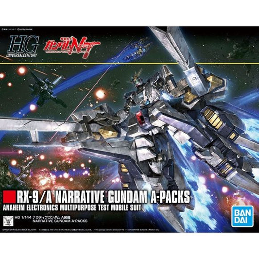 As seen in "Mobile Suit Gundam NT," the mighty Narrative Gundam appears with its super-large "A" equipment pack! The weapons can be worn on its regular body, and an action gimmick for the Chest Expansion is also included. The hip joints feature extra-wide action for full leg movement, and stands are included to keep the huge armaments supported. Includes foil stickers for the markings.

[Includes]:

Beam saber (x2)
Large beam saber (x2)
Display base
Cannon base (x2)