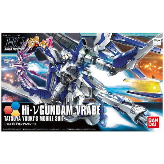 The Hi-Nu Gundam Vrabe, piloted by a young Tatsuki Yuuki before he became Meijin in "Gundam Build Fighters," is finally here! The bird-shaped Vrabe booster can be created using the shile and various parts of the backpack. Includes a rifle, two sabers, six fin funnels, a shield, foil and tetron stickers for markings, and instructions. Molded in blue, white and gray.