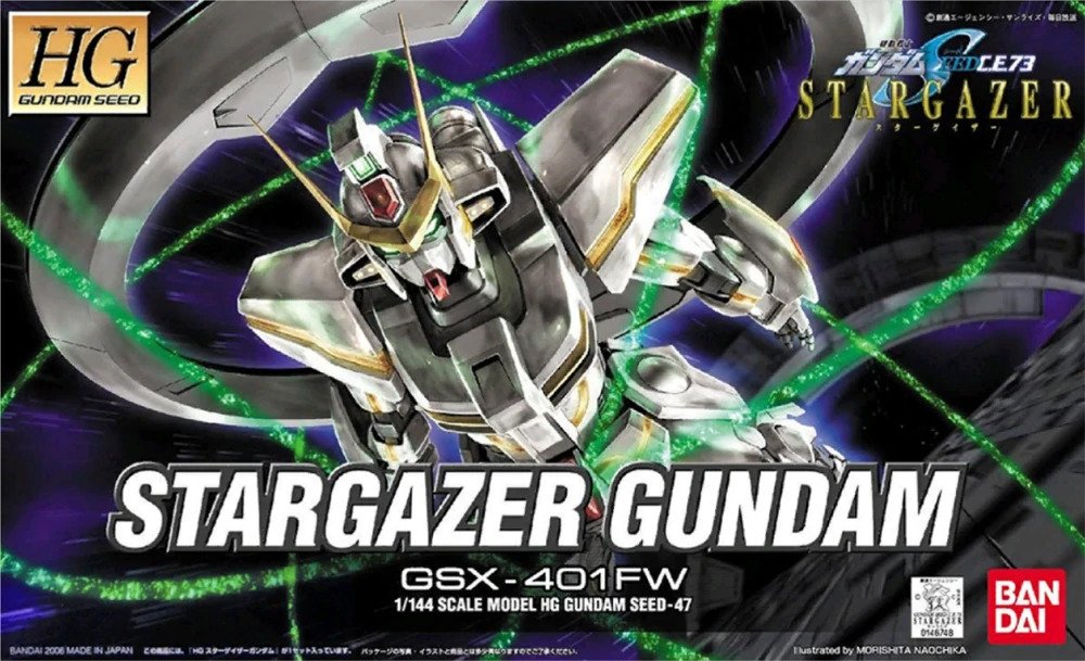 Simple 1/144 scale HG kit of the beautiful Stargazer Gundam comes with its beam shield generator backpack, a Beam Gun KSM71/J, three clear green beam rings and a stainless steel rod to hold the rings in place, plus a display base. Two types of stickers (sparkling gold, and black) are included for you to apply on the kit.