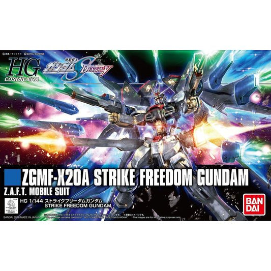 An updated design of the strike freedom from "Gundam seed Destiny" recreated with new proportion and part separation technology.  includes 2 beam rifles that can also combine, hip mounted rail guns that can fold back for storage, beam shield, and 2 beam sabers.  Runner x 10, foil sticker.