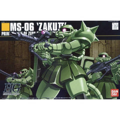 The iconic green enemy mobile suit used by the armies of the Principality of Zeon from the original Mobile Suit Gundam in 1/144 scale! Includes Zaku Machine Gun, bazooka which can be held in hand or mounted on back, heat hawk. Green Zaku also includes optional leg mounted missile packs!