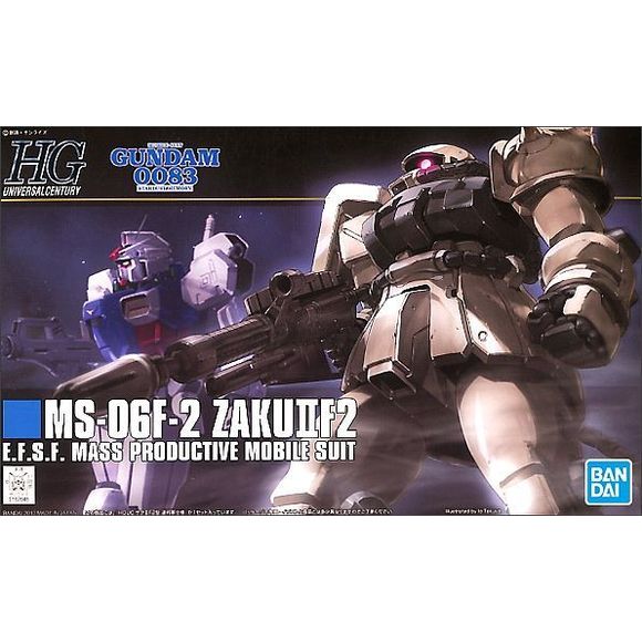 From Gundam 0083 'Stardust Memory' comes our newest HGUC, the Zaku II F2, as used by the E.F.S.F. Bandai's design once again involves the use of plenty of poly-caps allowing this Zaku II a great deal of articulation. Included with this Zaku are the 120MM Zaku Machinegun, 90 mm Machinegun, Heat Hawk, and the Missile pods which attach to the legs. Marking stickers are also provided.