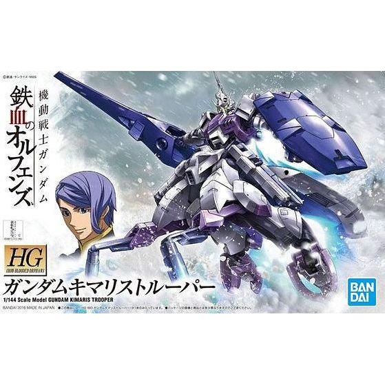 This kit of the Gundam Kimaris Trooper from "Mobile Suit Gundam: Iron-Blooded Orphans" is molded in three shades of violet, pale gray, white and clear plastic, and includes foil stickers for the markings. Parts for a stand are also included.