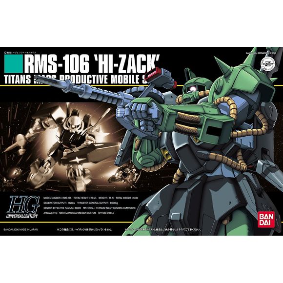 The very-popular Hi-Zaku (or Zack; take your pick on the spelling). All the usual detail and assembly features are present. Kit comes with the modified Zaku Machine Gun and an "Option Shield" as well.