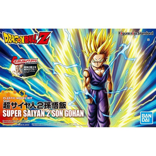 Super Saiyan 2 Son Gohan comes to the Figure-rise standard line of model kits! The model's joint structure enables the figure to create a variety of poses. With two different types of face parts and Kamehameha effect parts (charge and release), this model can combine with Super Saiyan Son Goku (sold separately) to create famous battle scenes! Set includes angry expression face, interchangeable wrist, Kamehameha effects (1x charge and 1x release), and Kamehameha effect stand. Comes with 6 Runners, a Sticker