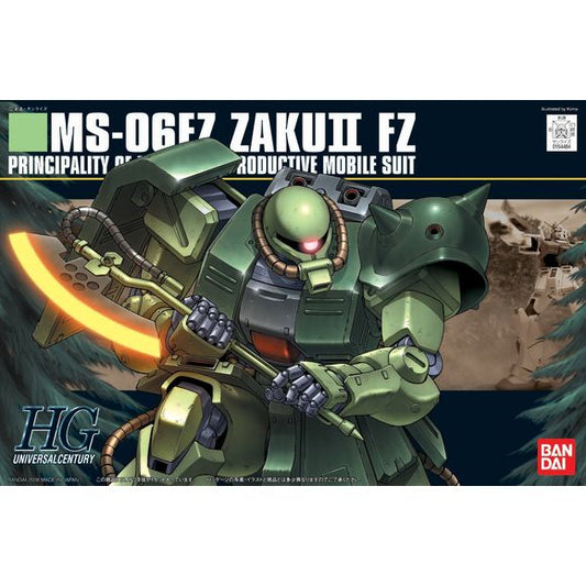 Here's a sharp HGUC snap-fit plastic kit of MS-06FZ Zaku II FZ (Kai) as it appeared in the "Mobile Suit Gundam 0080: War in the Pocket" OVA series. Molded in color, this kit features polycapped joints and movable skirt armor that allow it to be set in dynamic poses. An optional Zaku B-type head is also included, along with an MMP-80 90mm machine gun, three hand grenades (molded as one part), and a heat hawk. A sheet of foil stickers and a Zeon marking sticker are provided to add detail to the completed mode